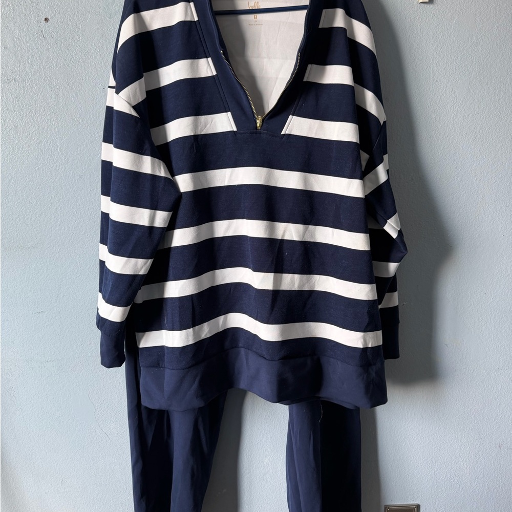 Belle by Kim Gravel Navy and White Striped Pantsuit